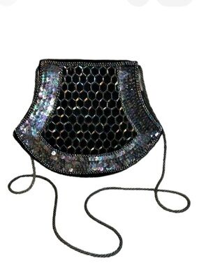 Vintage Black Velvet Crossbody Evening Bag with Iridescent Beads and Sequins